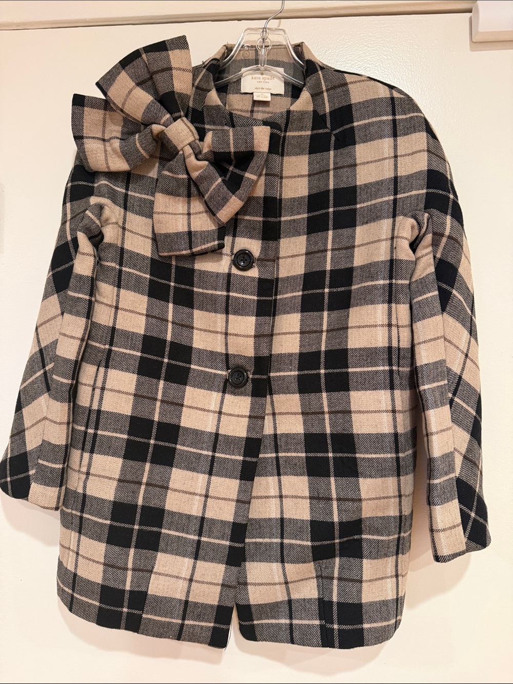 Kate Spade Kids Plaid Wool Blend Coat Statement Bow (Orig $200) Excellent Cond.
